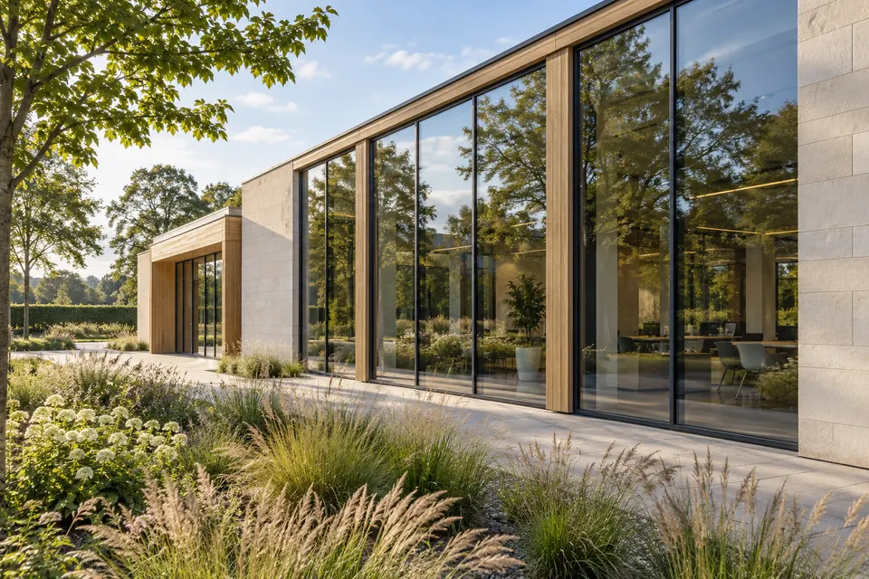 Illustrative contemporary commercial glazing reflecting trees