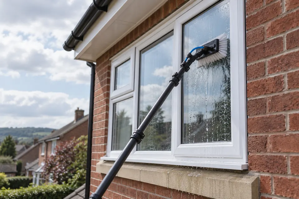 Illustrative water-fed pole window cleaning