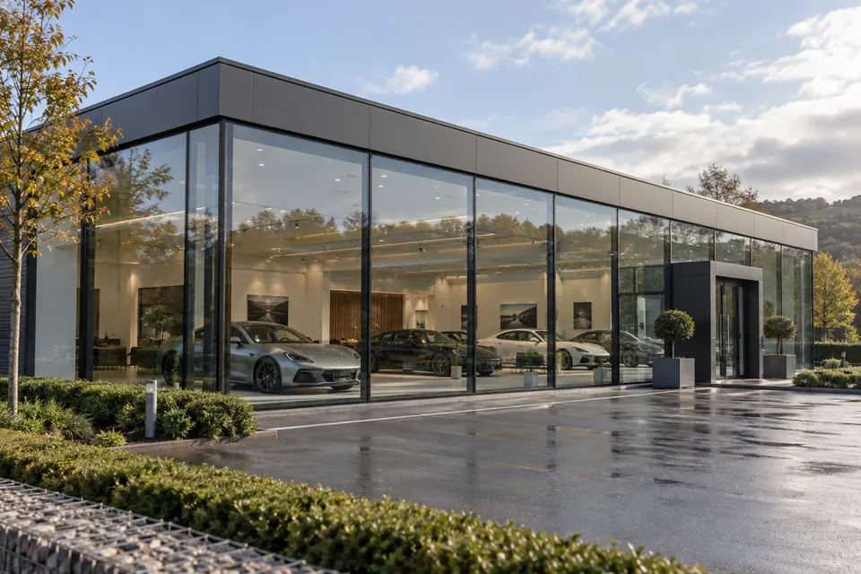 Illustrative glass-fronted car showroom
